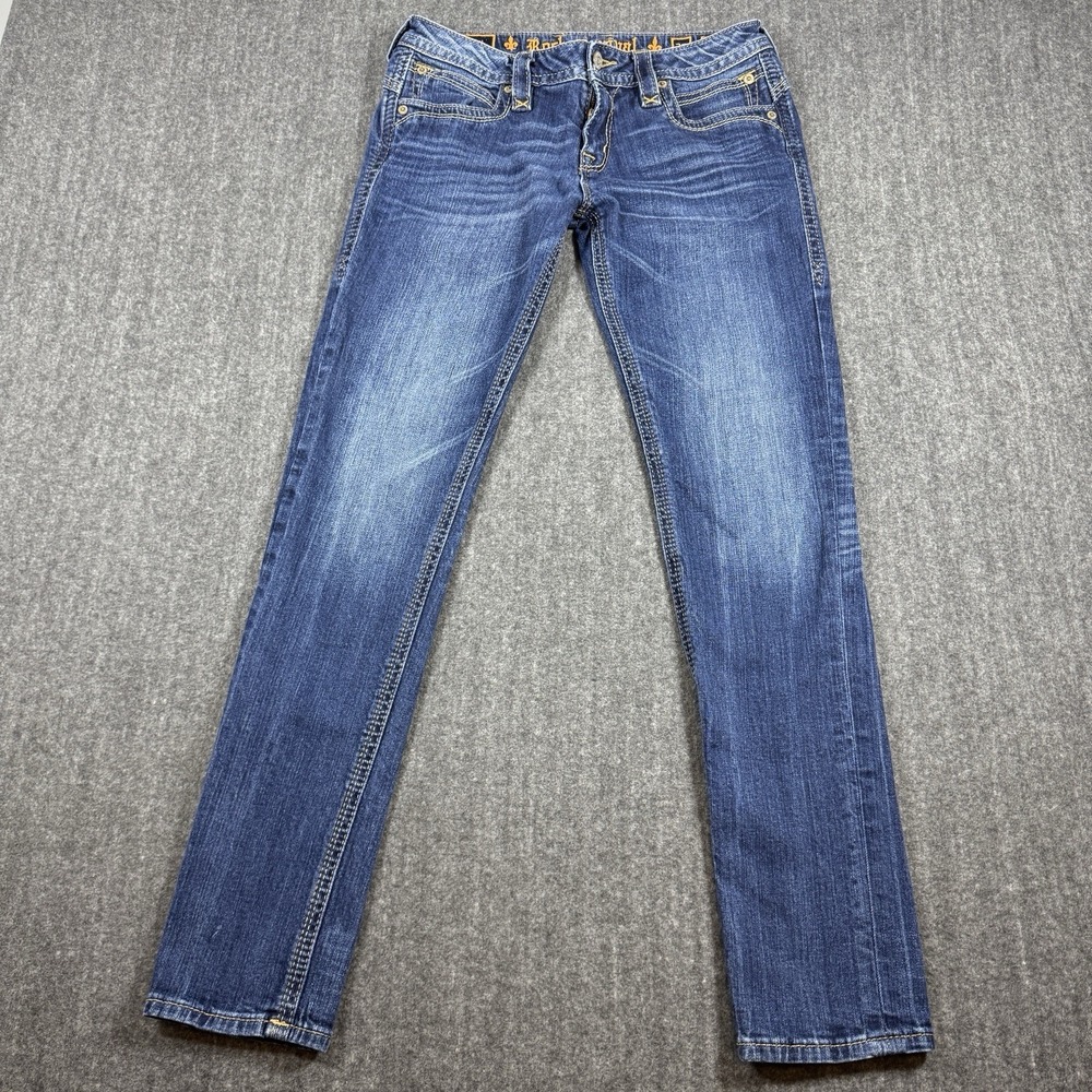 Rock Revival Stephan Mens Jeans 30 Skinny Blue Distressed Embroidered Denim